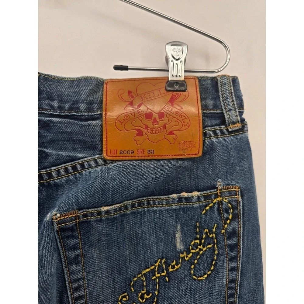 Ed Hardy Jeans Mens 32 Blue Lot 2009 Embroidered Logo Distressed Straight Leg